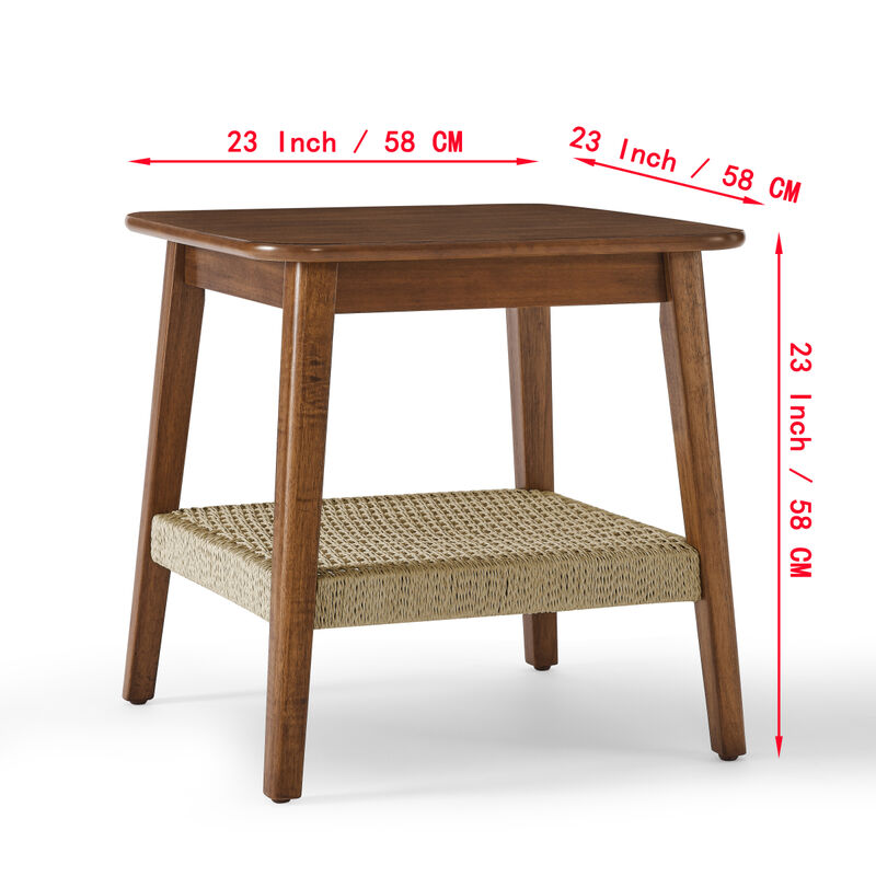 Boho Mid-Century Woven Side Table with Storage