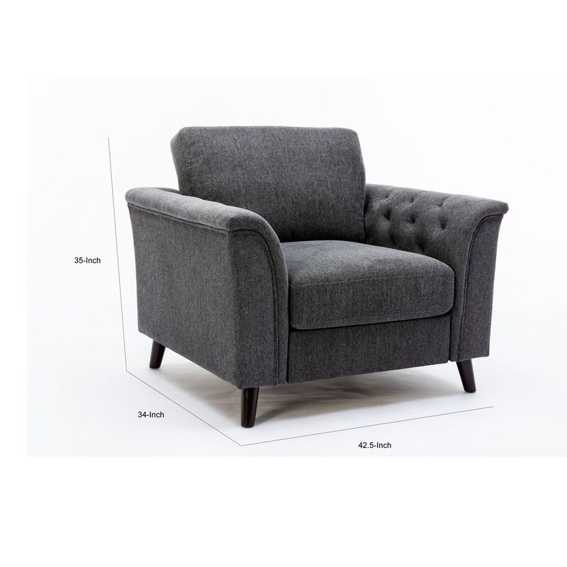 Sen 37 Inch Accent Sofa Chair, Tufted Arms, Padded, Gray Linen, Solid Wood - Benzara