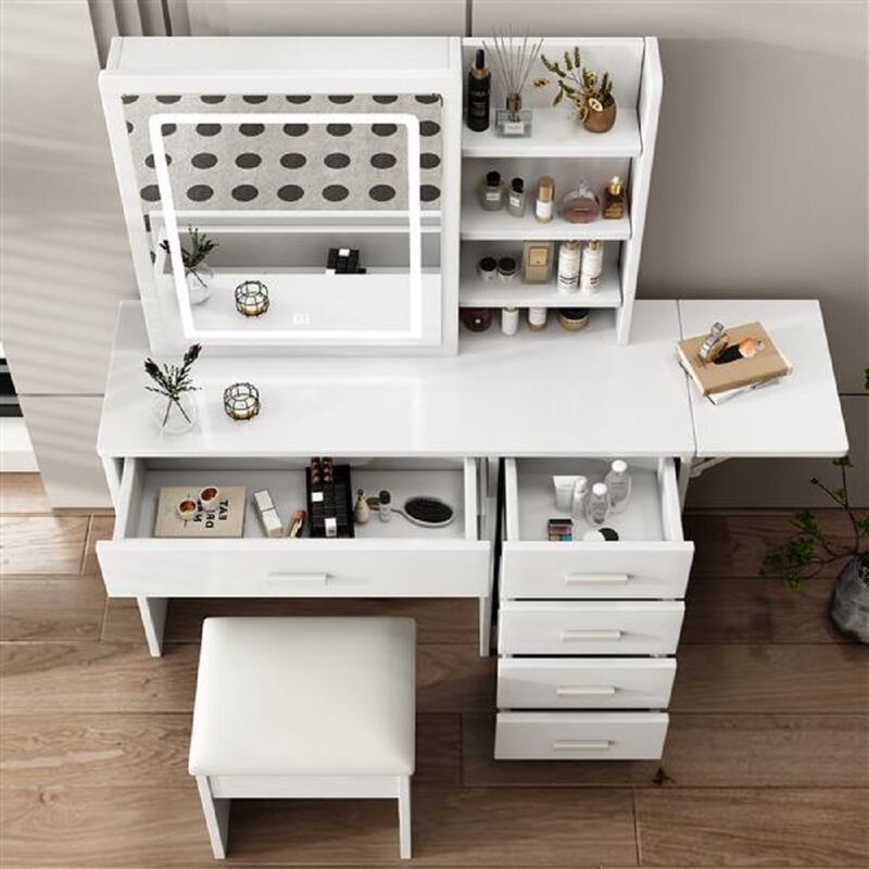 Vanity Desk with Lighted Mirror, Open Shelves & Chair, 5 Drawers, Adjustable LED Lights