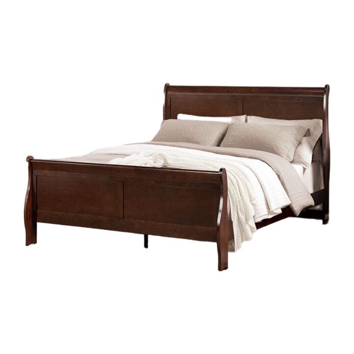 Ryla Queen Size Bed, Sleigh Panel Headboard, Dark Cherry Brown Solid Wood