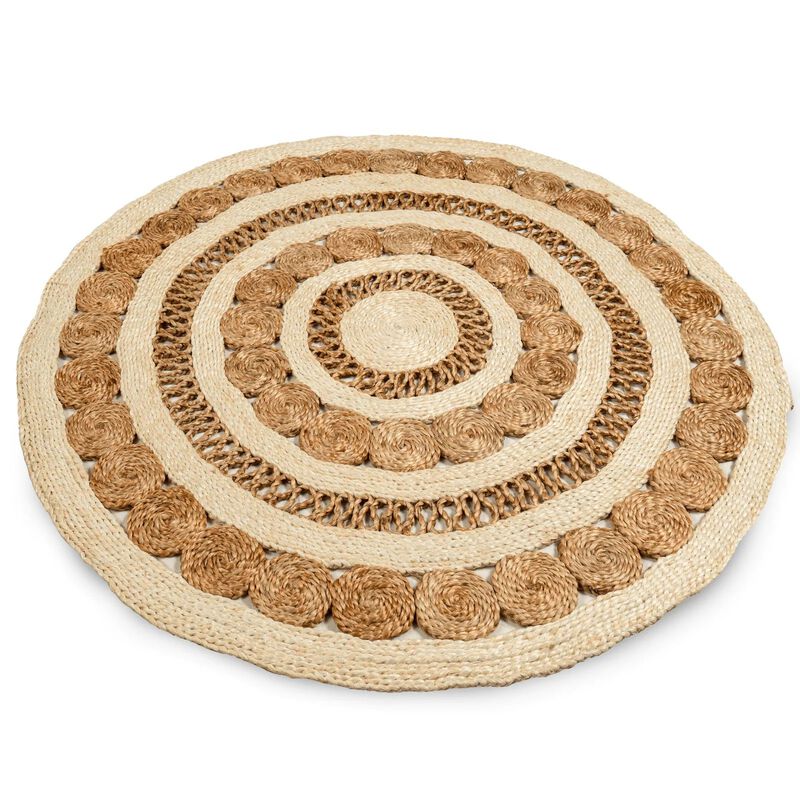 Round Handwoven Ivory Braided Jute Lace Mat