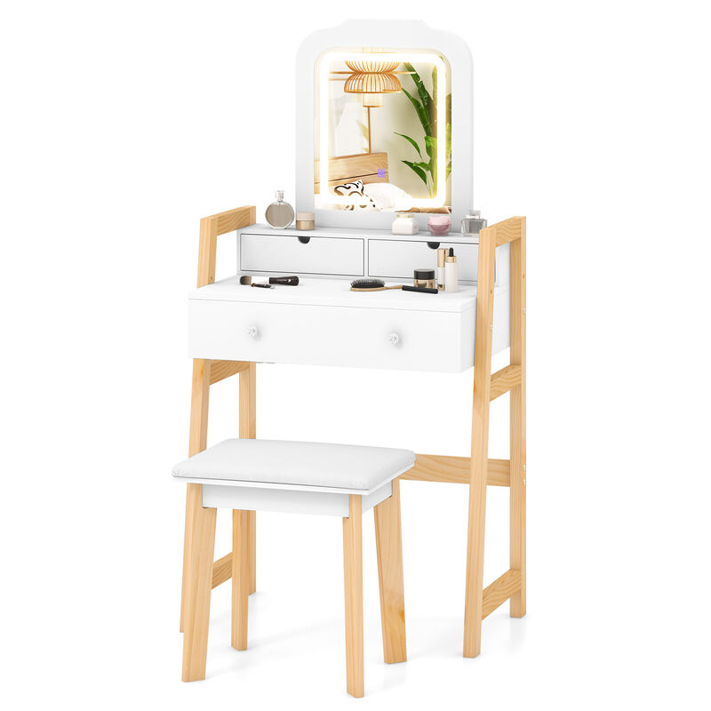 Adjustable Height Vanity Desk Set with 3-Color LED Lighted Mirror and Drawers