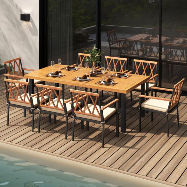Hivvago 9 Pieces Patio Dining Set 39.5 Inch Acacia Wood Table with Umbrella Hole and 22.5-Inch Wide Chairs