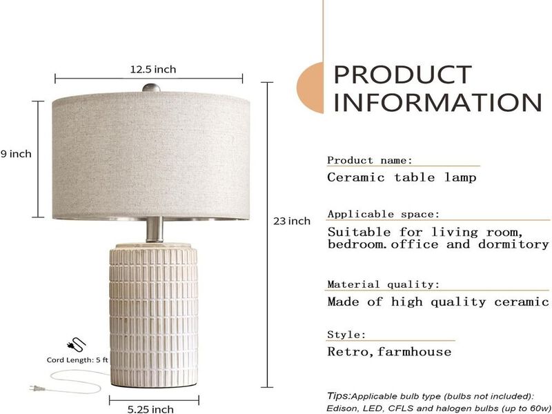 Set of 2 Modern 23" White Ceramic Table Lamps for Bedroom, Living Room, Beige Shade