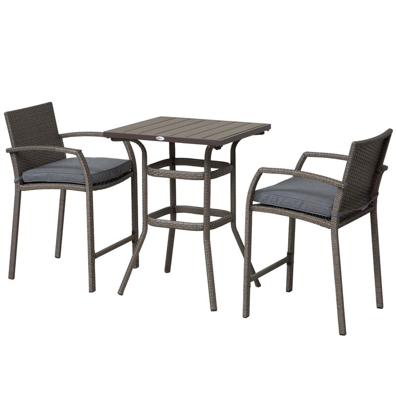 Grey Outdoor Bar: 3PC Rattan Wicker Set with Wood Grain Table Top