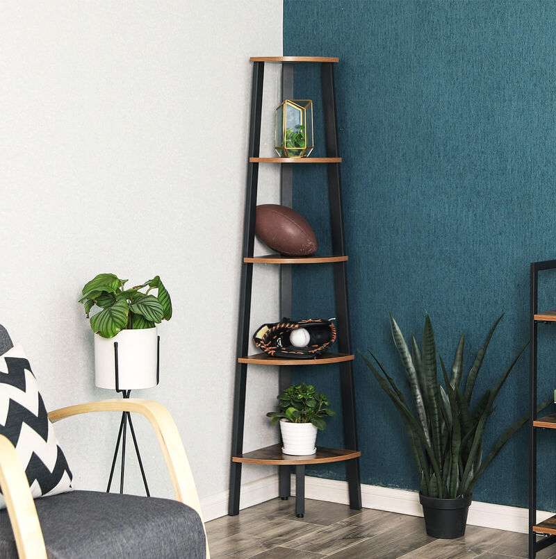 5-Tier Industrial Corner Bookshelf – Wood Look & Metal Frame