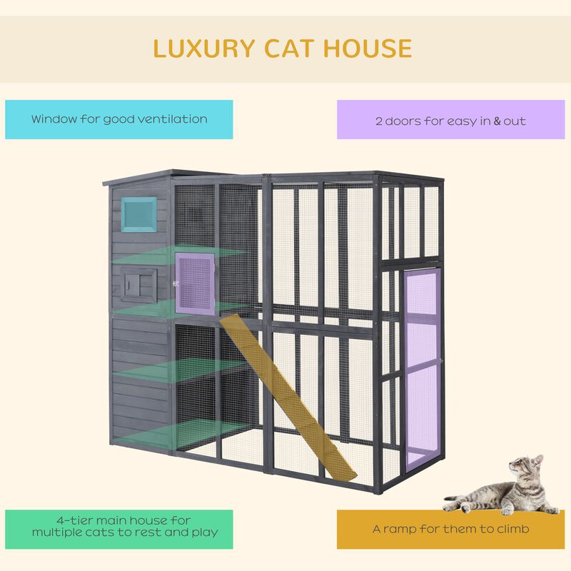 Grey Feline Paradise: 77x37x69 Outdoor Cat House with Platforms