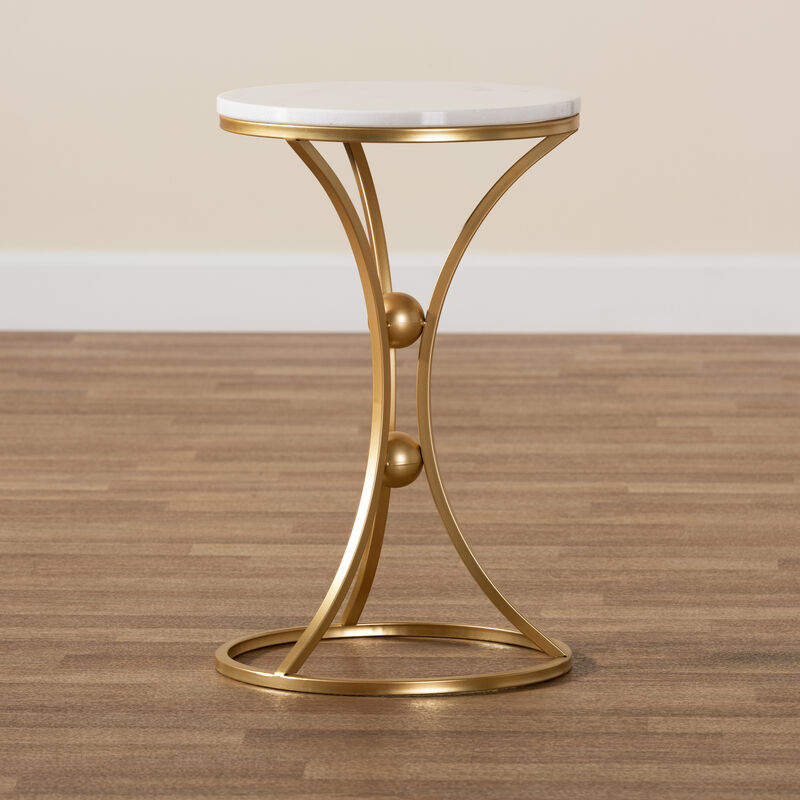 Baxton Studio Tarmon Modern Gold Finished Metal End Table With Marble Tabletop