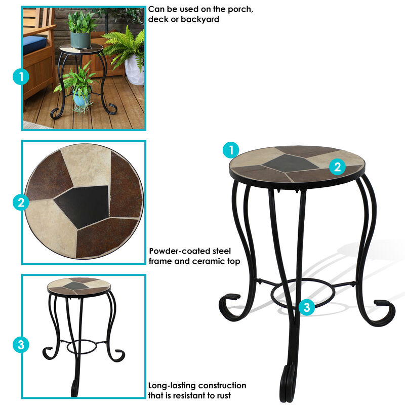 Sunnydaze 12.75 in Mosaic Ceramic Tile Round Patio Side Table Plant Stand