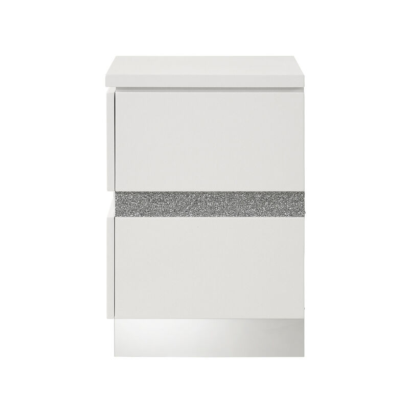 Ara 23 Inch Nightstand, 2 Drawers, Crystal Accents, White Laminate Finish - Benzara