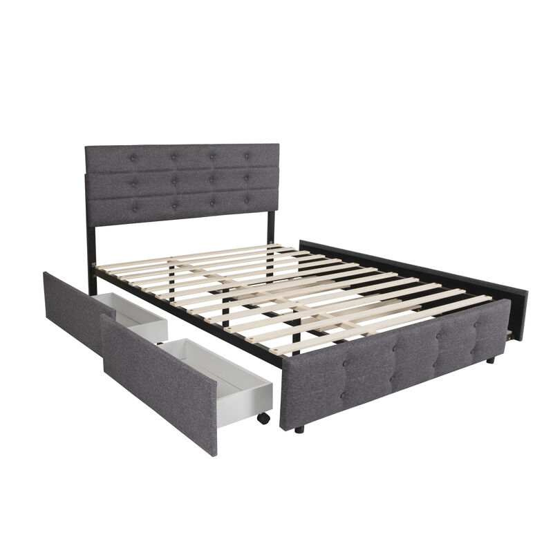 Queen Size Upholstered Linen Fabric Trundle Bed With Drawers Grey