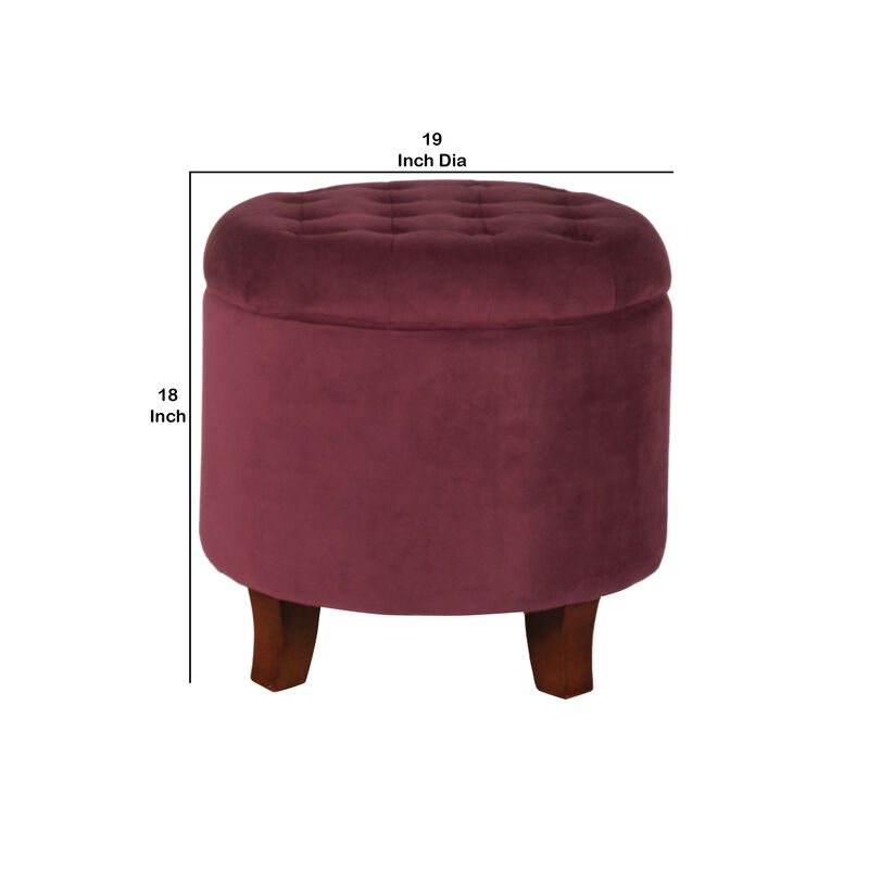 Button Tufted Velvet Upholstered Wooden Ottoman with Hidden Storage, Red and Brown - Benzara