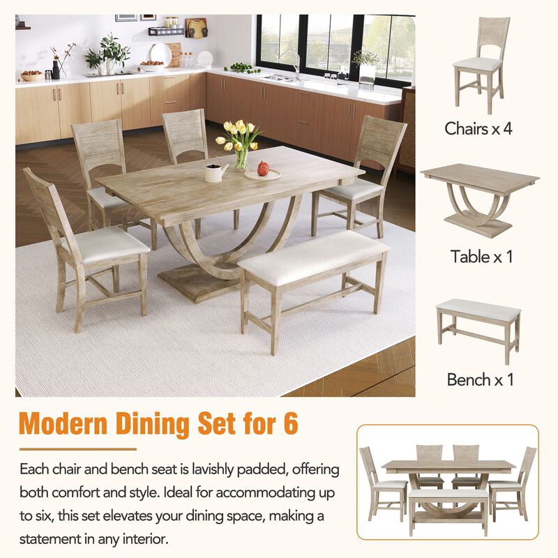 MONDAWE 6-Piece Solid Wood Half Round Dining Table Set Kitchen Table Set With Upholstered Dining Chairs, Modern Dining Furniture