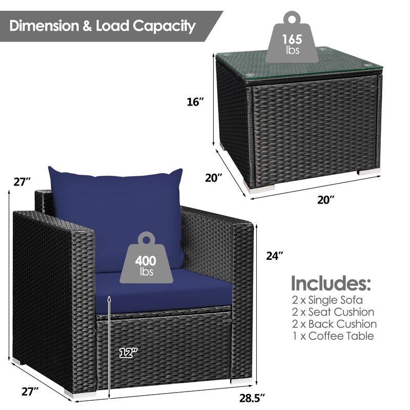 3 Pieces Patio Wicker Conversation Set with Cushion