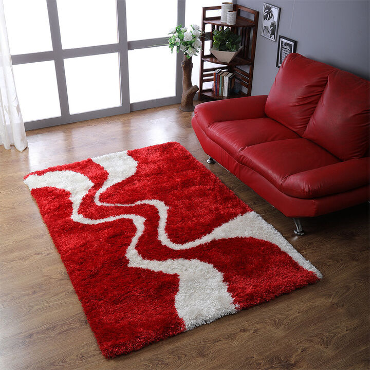 RUGSOTIC CARPETS HAND TUFTED SHAG POLYESTER ECO-FRIENDLY AREA RUGS  - 10'x13', Rectangle, Red white, Contemporary Modern Design, High Pile Thick Handmade Anti Skid Rugs for Living Room K00003