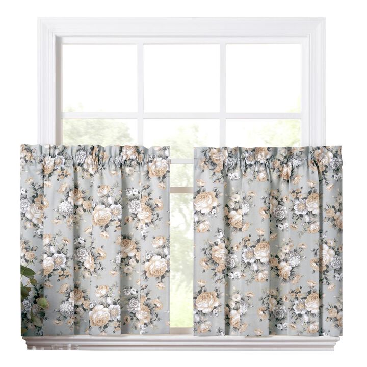 Ellis Bella Rose Stylish Medium Scale Printed Floral Pattern 1.5" Rod Pocket Tier for Windows 56"x36" Mist