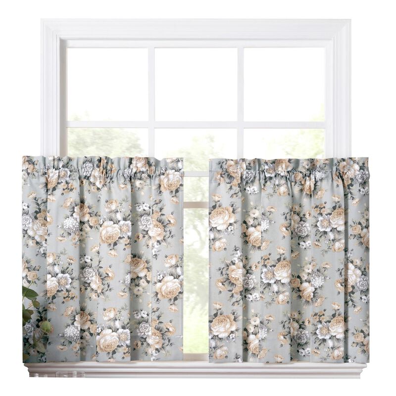 Ellis Bella Rose Stylish Medium Scale Printed Floral Pattern 1.5" Rod Pocket Tier for Windows 56"x36" Mist