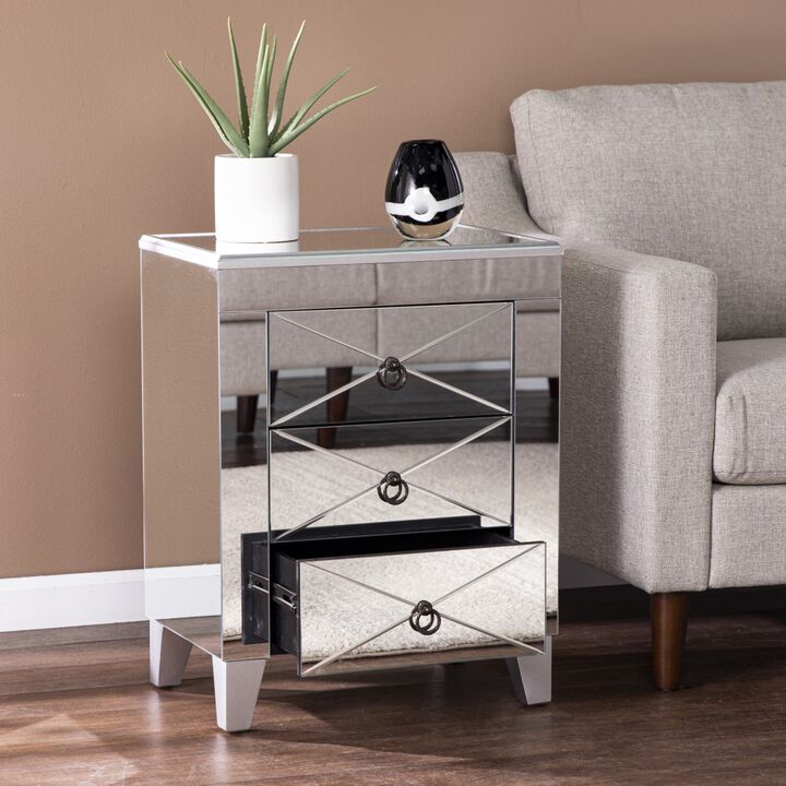 26"" Silver Manufactured Wood And Iron Rectangular Mirrored End Table With Three Drawers And