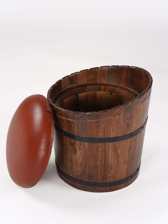 Handmade Eco-Friendly Geometric Buffalo Leather & Wood Brown Round Ottomon 18"x18"x18" From BBH Homes