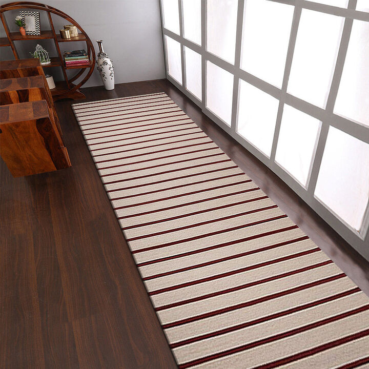 RUGSOTIC CARPETS HAND WOVEN FLAT WEAVE KILIM WOOL ECO-FRIENDLY AREA RUGS  - 2'6''x6', Runner Shape, Cream Red Color, Contemporary Modern Design, Low Pile Handmade Rugs for Living Room (D00118)