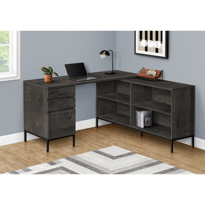 Computer Desk, Home Office, Corner, Storage Drawers, 60"L, L Shape, Work, Laptop, Metal, Laminate, Grey, Black, Contemporary, Modern