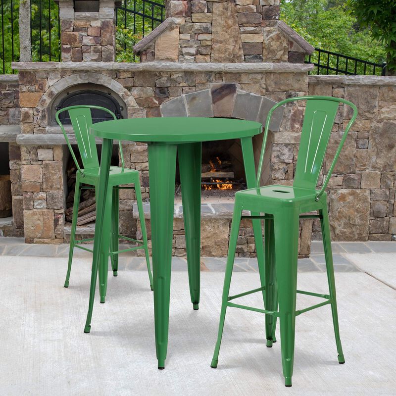 Flash Furniture Commercial Grade 30" Round Green Metal Indoor-Outdoor Bar Table Set with 2 Cafe Stools