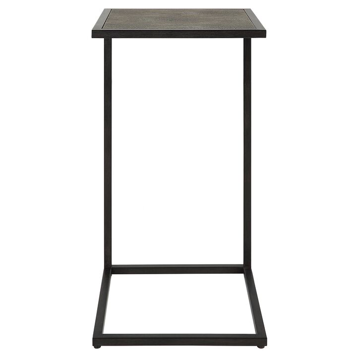 24 Inch Accent Table, Open C Shape, Gray Shagreen Top, Antique Black - Benzara