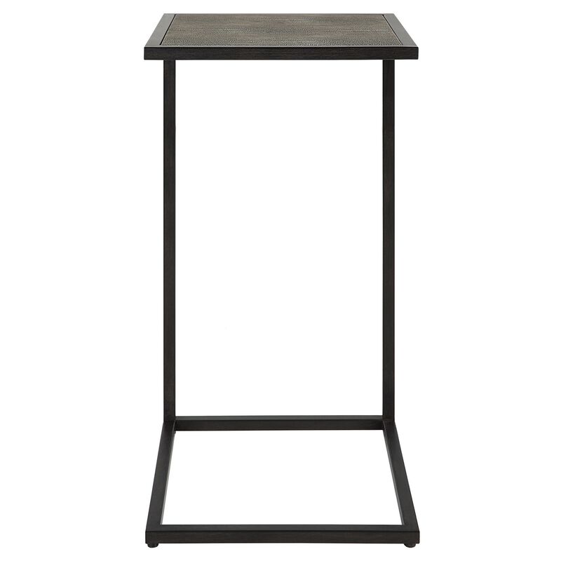 24 Inch Accent Table, Open C Shape, Gray Shagreen Top, Antique Black - Benzara