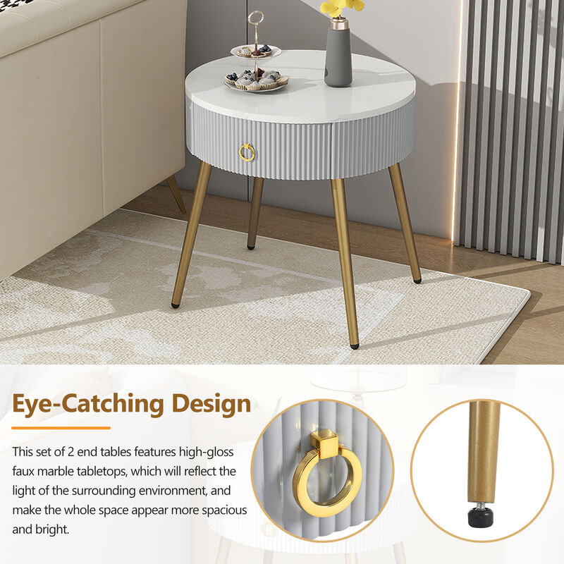 Merax Modern Fluted 2 Pieces Side Tables with Drawers