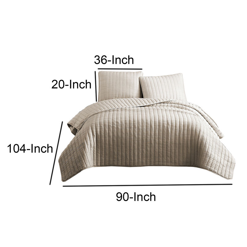 3 Piece Crinkles King Size Coverlet Set with Vertical Stitching, Brown-Benzara