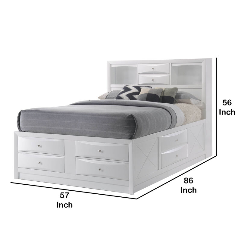 Eight Drawer Full Size Storage Bed with Bookcase Headboard, White - Benzara