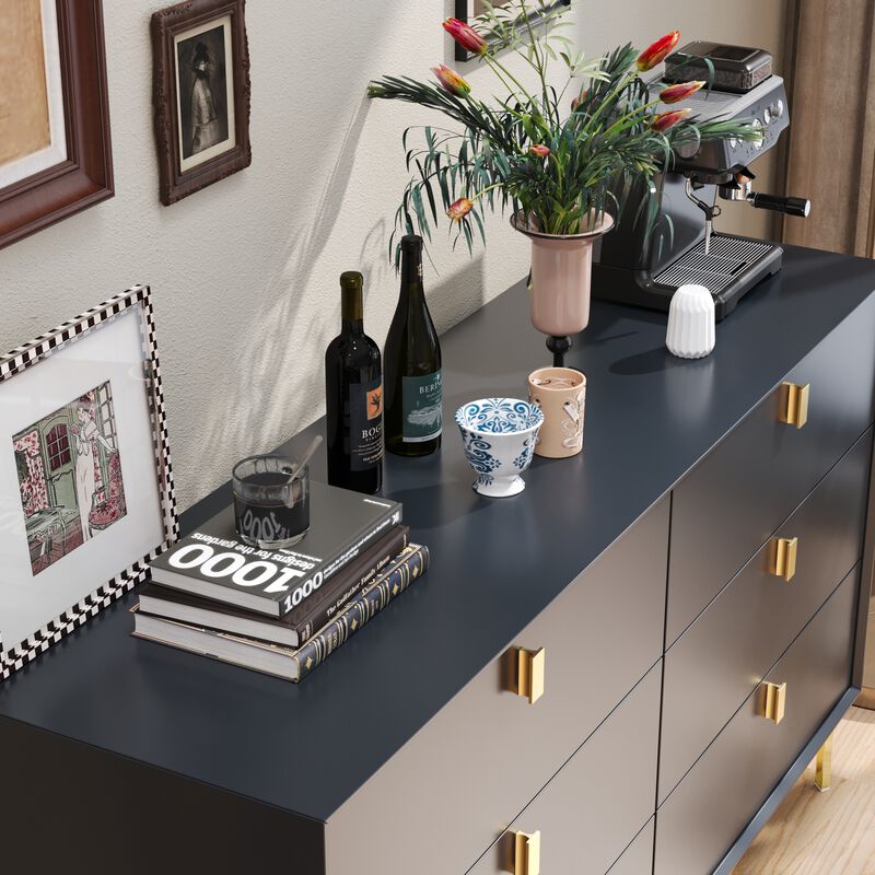White 6-Drawers 55.1 in. Width Classic Wooden Chest of Drawers, Dresser, Storage Cabinet with Golden Legs and Handles