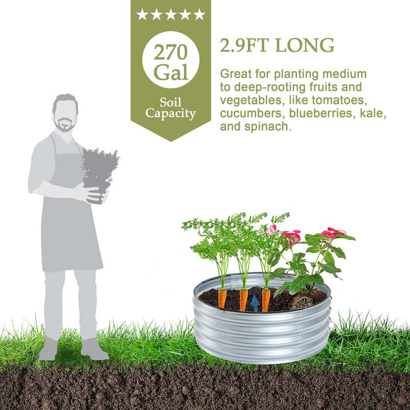 LuxenHome 35.38in Round Galvanized Steel Raised Garden Bed