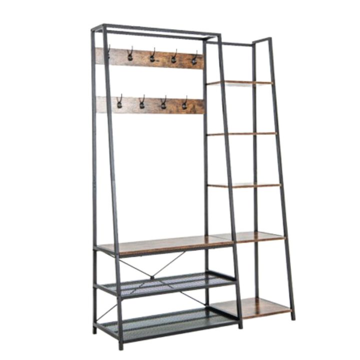 Hivvago 5-in-1 Entryway Hall Tree with Storage Bench with 9 Hooks-Rustic Brown