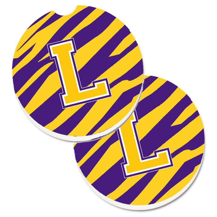 Caroline's Treasures Letter L Monogram - Tiger Stripe - Purple Gold Set of 2 Cup Holder Car Coasters CJ1022-LCARC, 2.56, Multicolor