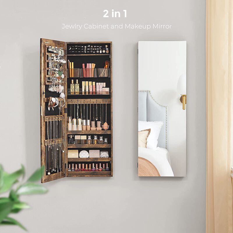 Frameless Full-Length Mirror Jewelry Armoire with Lock and Plastic Cosmetic Storage Trays