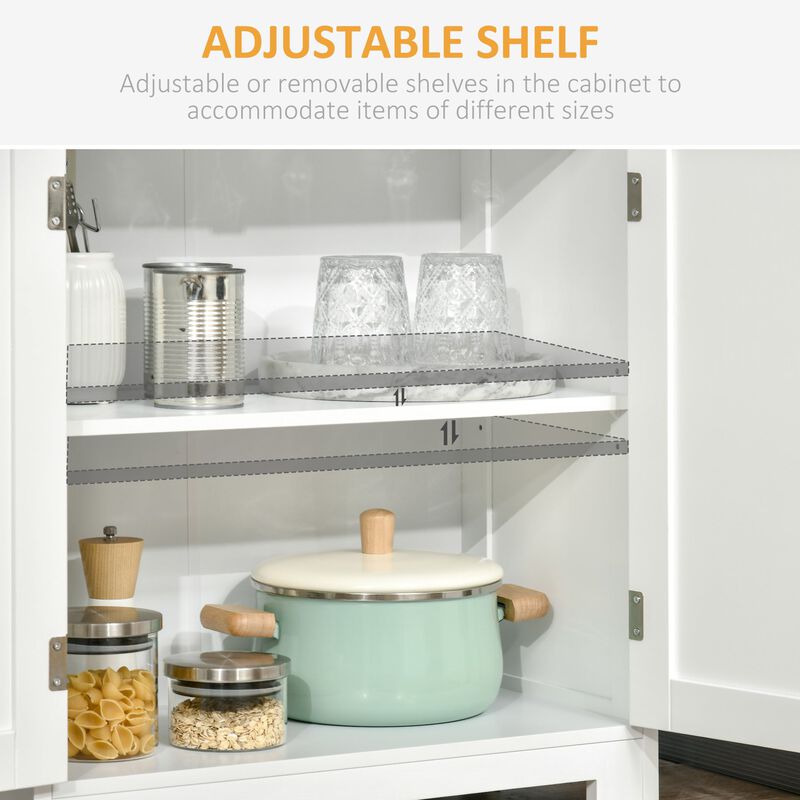 White Kitchen Tower: 63" Hutch Cabinet with 4-Door Pantry Storage