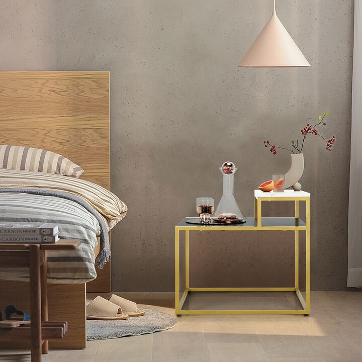 2 Tier End Side Table with Metal Frame and Storage Shelf for Living Room-White