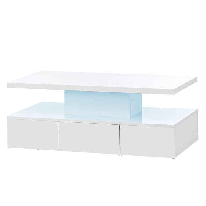 Modern Glossy Coffee Table with Drawer, 2-Tier Rectangle Center Table
