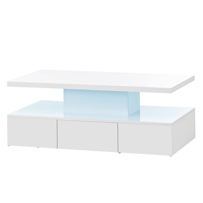 Modern Glossy Coffee Table with Drawer, 2-Tier Rectangle Center Table