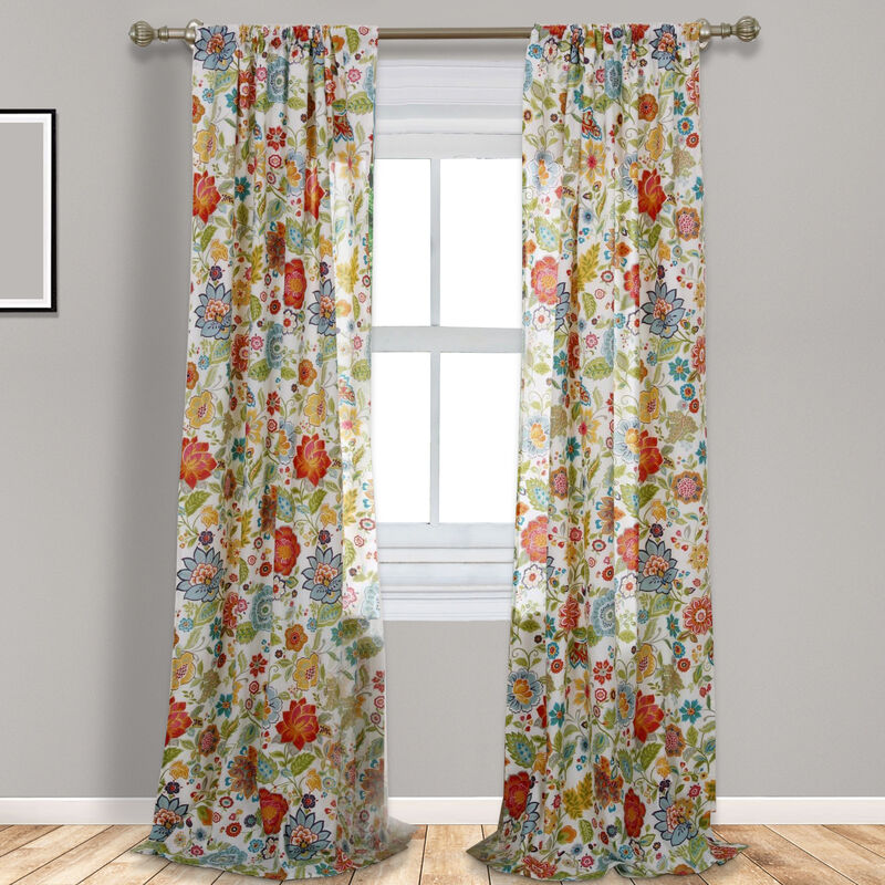 84 Inch Window Panel Curtain, Red and Blue Flowers, Polyester, Back Ties - Benzara