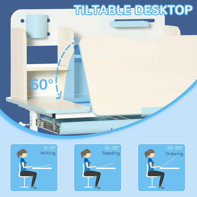 Blue Kids' Workstation: Adjustable Desk Set with Tilt Top & Drawer