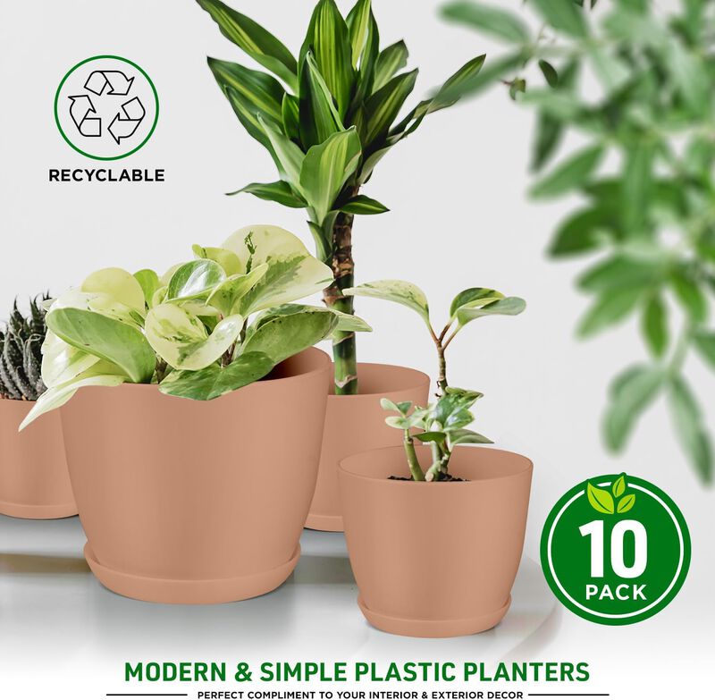Planter Pots with Drainage Holes - Lightweight, Durable, and Space-Saving Pots for Indoor and Outdoor - Versatile Functionality, Simple Modern Design, Plastic Planter Pots