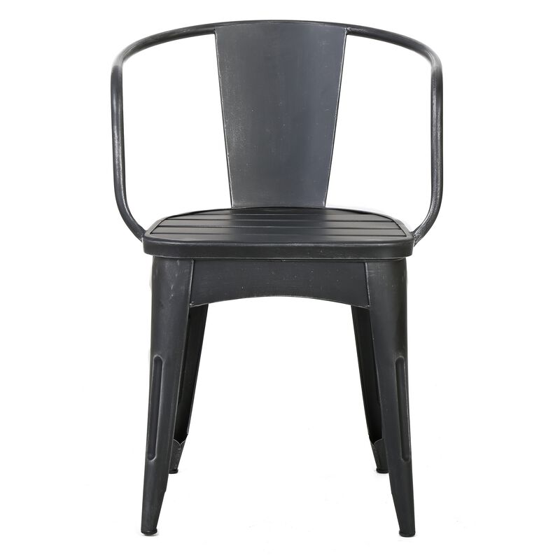 Rune Outdoor Bistro Set, 2 Chairs, Round Slatted Table, Black Iron - Benzara