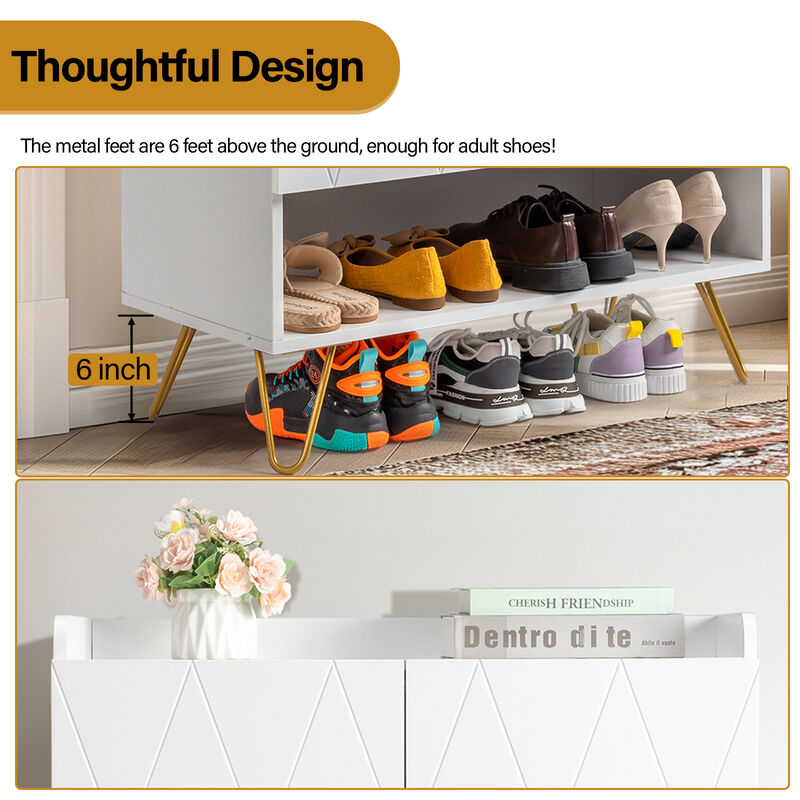 Double Door Shoe Cabinet with V-Cut Carved Panels & Top Baffle for Stylish Storage