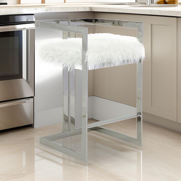 Suki 30 Inch Barstool Chair, White Faux Fur, Silver Stainless Steel Frame - Benzara