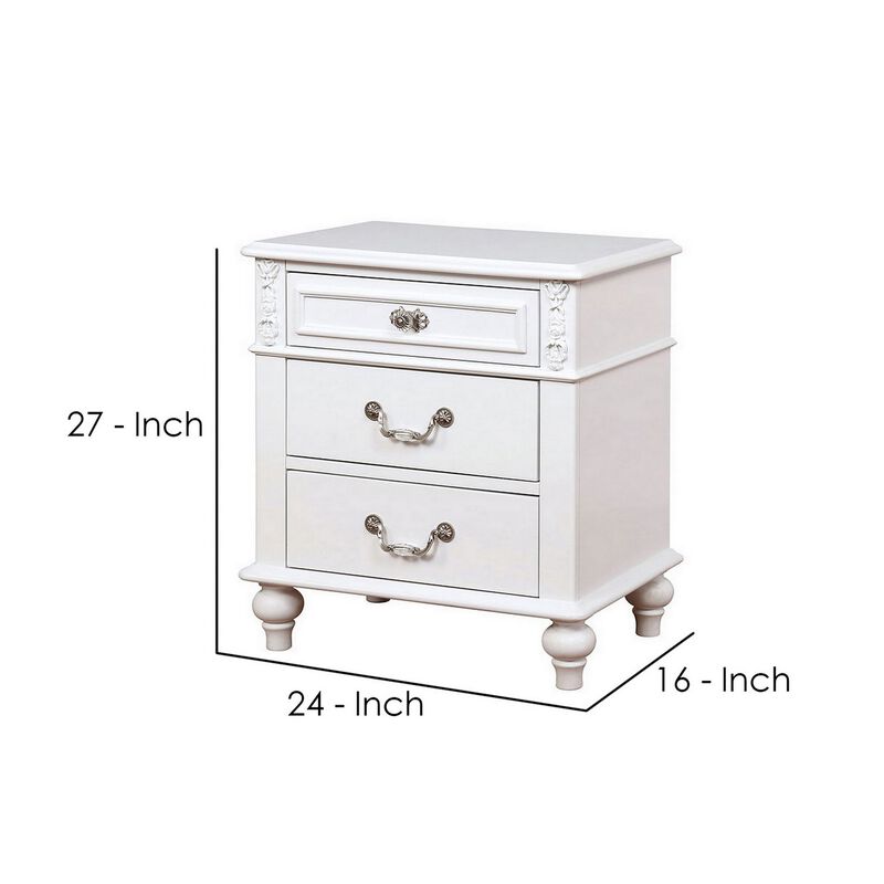 Nightstand with 3 Drawers and Built In USB Port, White-Benzara