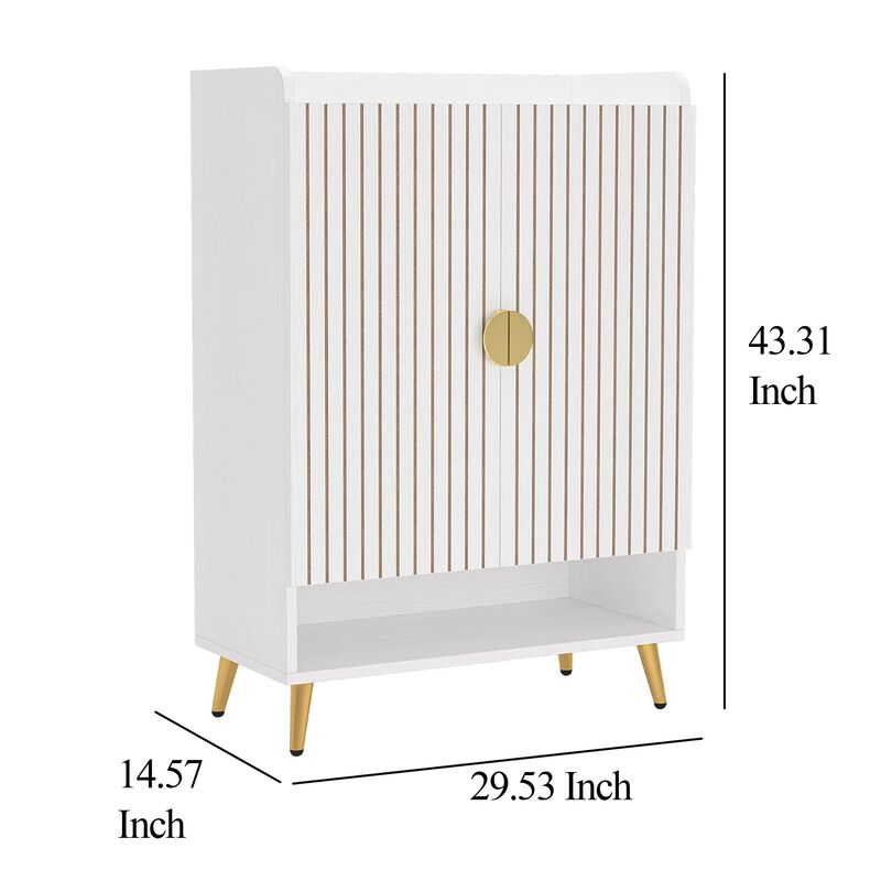 Shoe Cabinet, 2 Doors, 6 Tier Shelves, Gold Metal, White 43 Inch - Benzara