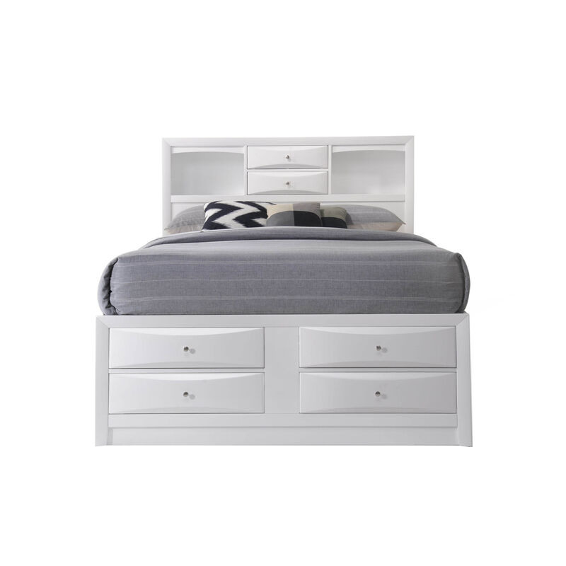 Eight Drawer Full Size Storage Bed with Bookcase Headboard, White - Benzara