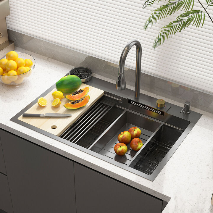 FUFU&GAGA Premium 304 Stainless Steel Bathroom Sink – Black Titanium Finish with 360° Faucet and Complete Accessories,( 33.2" W x 22.7" D x 8.9" H),Black